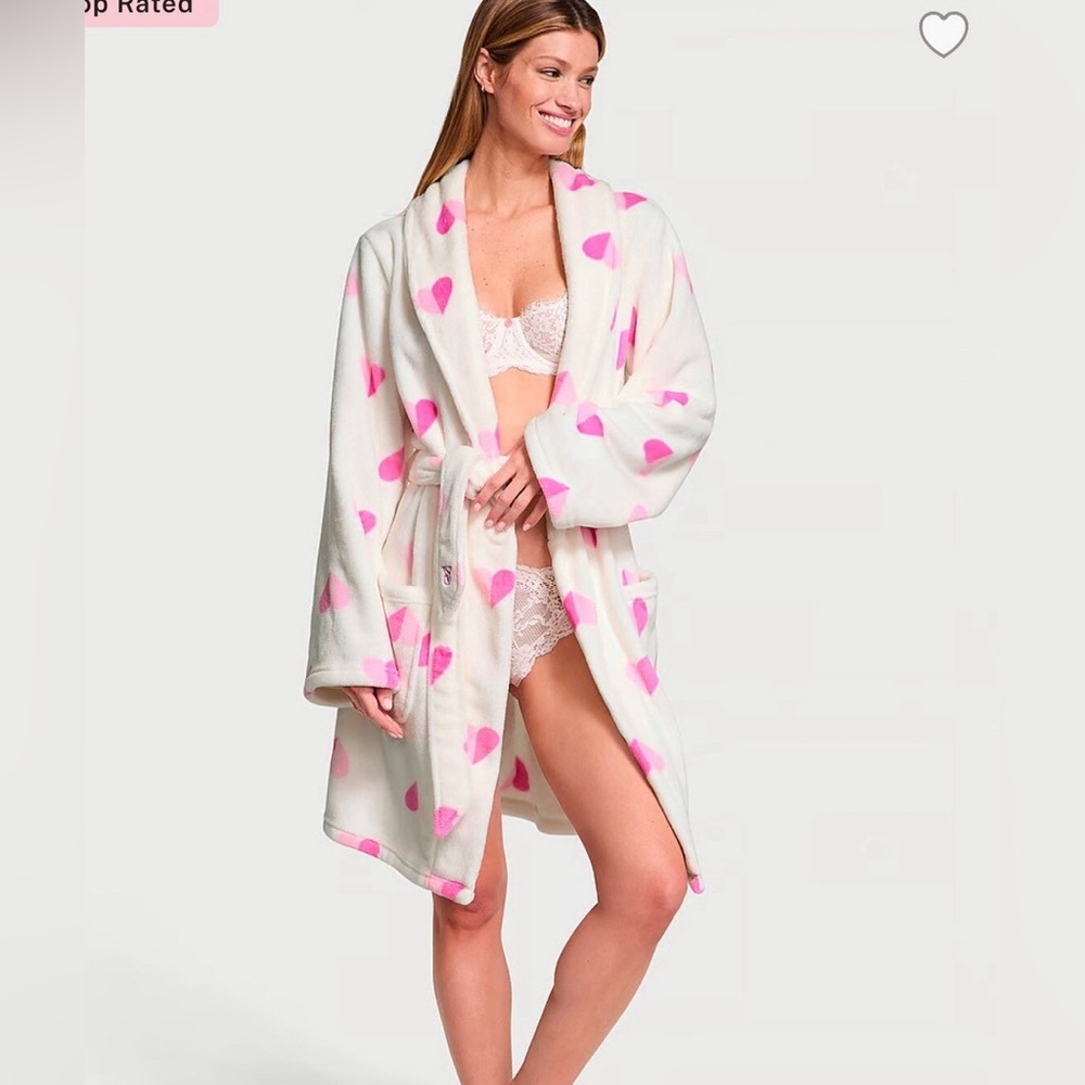 Victoria's Secret Cream Robe with Pink Hearts and her matching slippers.